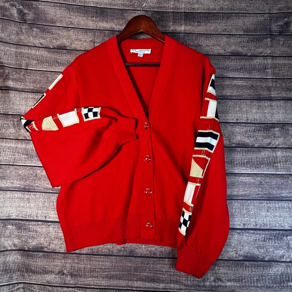 Vintage St John Separates Red Nautical Flag Knit Cardigan Gold Accent Size L